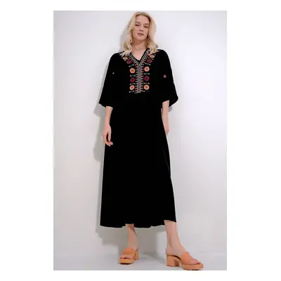 Trend Alaçatı Stili Women's Black V-Neck Embroidered Tassel Detailed Woven Dress