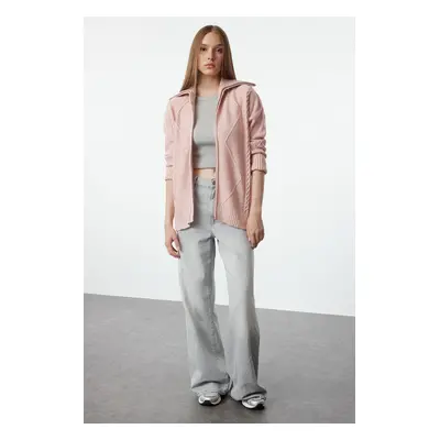 Trendyol Pink Soft Textured Hooded Zippered Knitwear Cardigan