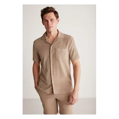 GRIMELANGE Tomas Men's Towel Fabric Collar Light Brown Caramel Shirt