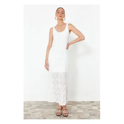 Trendyol White Pool Neck Lace Lining Stretchy Knitted Maxi Dress