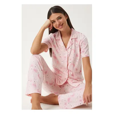 Happiness İstanbul Women's Light Pink Patterned Shirt Pants Pajama Set