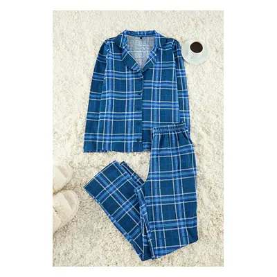 Trendyol Navy Blue 100% Cotton Plaid Knitted Pajama Set