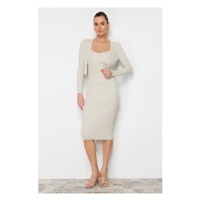 Trendyol Beige Plain Midi Knit Dress