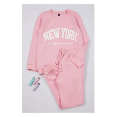 Trendyol Pink Girl Seasonal-Thin Slogan Printed Cotton Knitted Bottom-Top Set