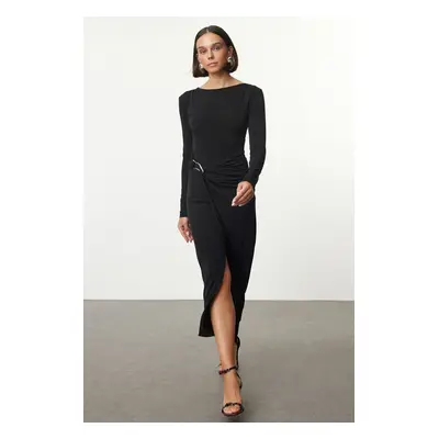 Trendyol Black Accessory Detail Fitted Maxi Stretch Knit Dress