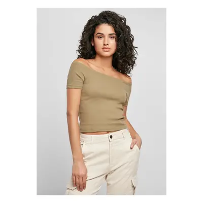 Women's t-shirt in khaki color with a stretched shoulder