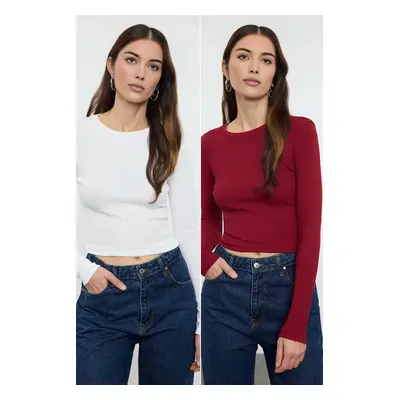 Trendyol Ecru-Burgundy Package Body-Sit Crew Neck Ribbed Crop Flexible Knitted Blouse