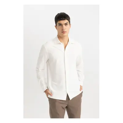 DEFACTO Modern Fit Polo Collar Basic Plain Crinkle Long Sleeve Shirt