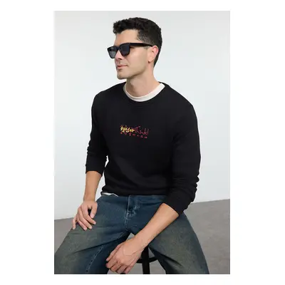 Trendyol Black Regular/Normal Cut Crew Neck Text Printed Inside Polar Fleece Sweatshirt