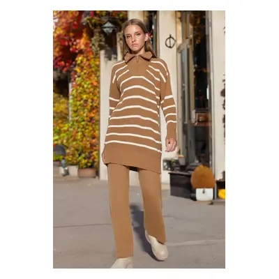 Trendyol Camel Zipper Detailed Thessaloniki Striped Knitwear Top-Top Set