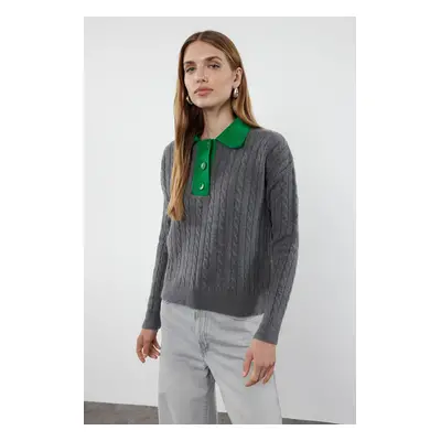 Trendyol Anthracite Soft Texture Polo Collar Color Block Knitwear Sweater