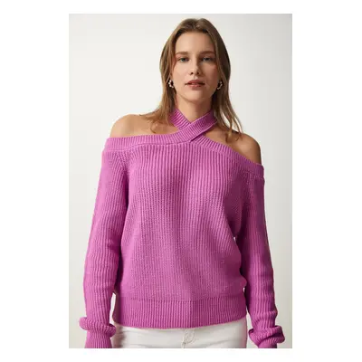 Happiness İstanbul Women's Lilac Open Shoulders Knitwear Sweater