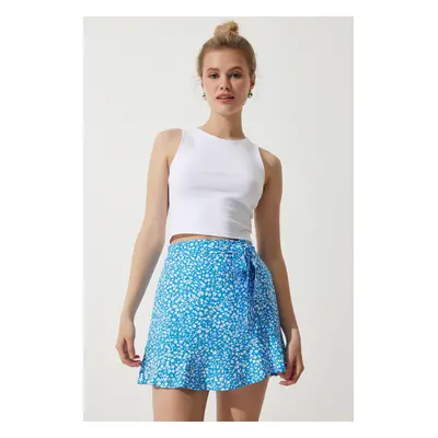 Happiness İstanbul Women's Blue White Floral Belted Summer Mini Viscose Shorts Skirt