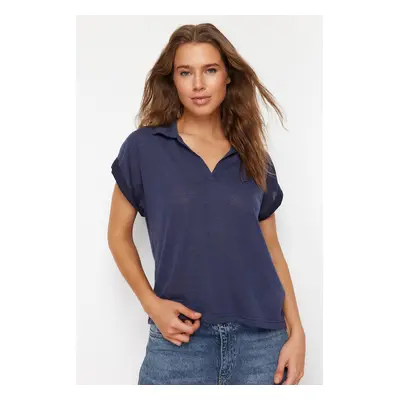 Trendyol Indigo Linen Look Regular/Normal Fit Polo Neck Short Sleeve T-shirt