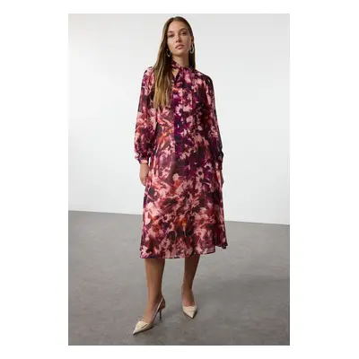 Trendyol Multicolored Floral Patterned A-Line Scarf Collar Lined Chiffon Midi Woven Dress