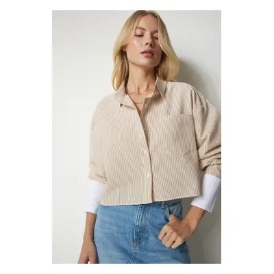 Happiness İstanbul Women's Beige Pinstripe Crop Shirt