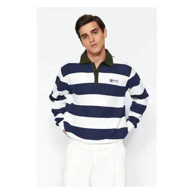 Trendyol Navy Blue Regular/Normal Cut Polo Collar Striped Fleece Inside/Warm Sweatshirt