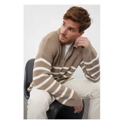 Trendyol Mink Casual Oversize Polo Collar Striped Knitwear Sweater