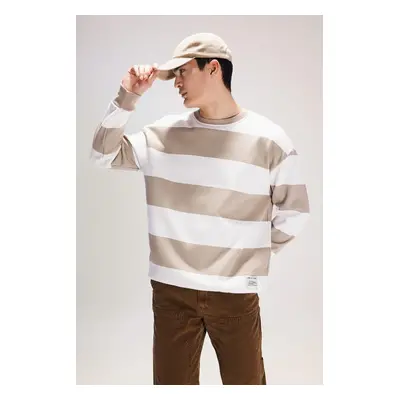 DEFACTO Boxy Fit Crew Neck Striped Woven Label Sweatshirt