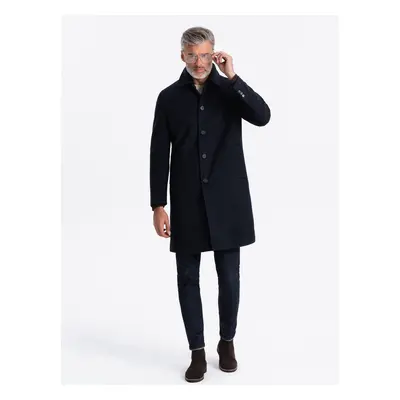 Ombre Men's long single-breasted coat with collar and undercoat - navy blue