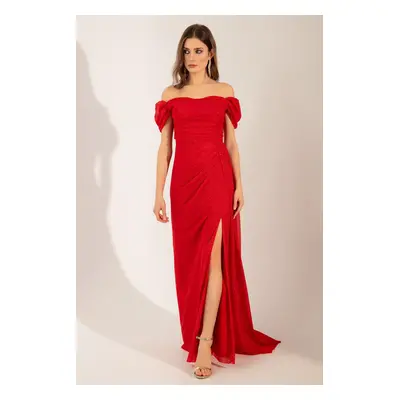 Lafaba Women's Red Boat Neck Draped Slit Long Glitter Evening Dress