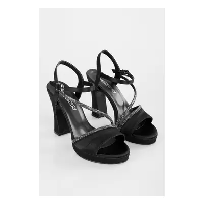 Shoeberry Women's Alaia Black Satin Stone Platform Heel Shoes