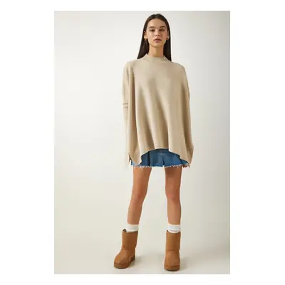 Happiness İstanbul Women's Beige Stand-Up Collar Slit Knitwear Poncho Sweater