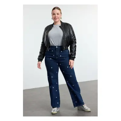 Trendyol Curve Dark Blue High Waist Star Printed Straight Fit Plus Size Jeans