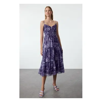 Trendyol Lilac Animal Patterned Skater Midi Woven Dress