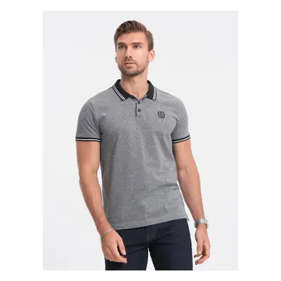 Ombre Men's melange polo shirt with striped collar - black