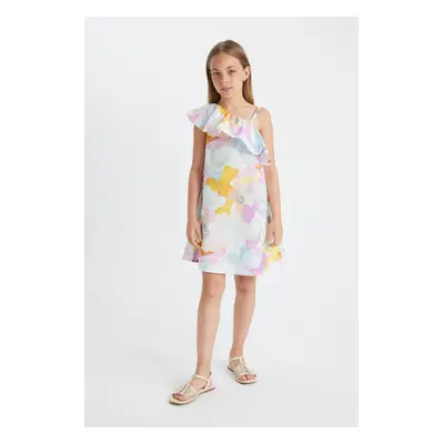 DEFACTO Girl's One Shoulder Patterned Poplin Dress