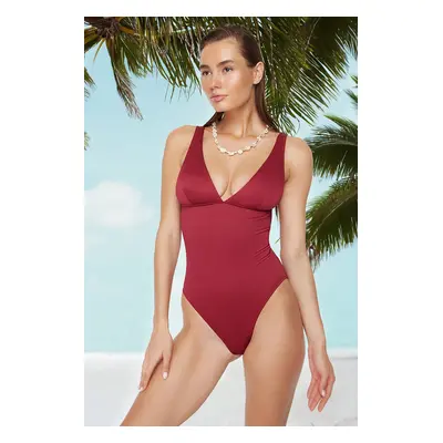 Trendyol Claret Red V-Neck Textured Regular Swimsuit