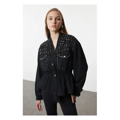 Trendyol Black Elastic Waist Troc Detailed Oversize Denim Jacket