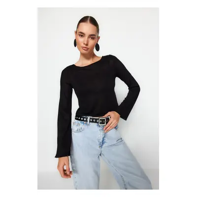 Trendyol Black Boat Neck Regular Fit Crop Knitted Blouse