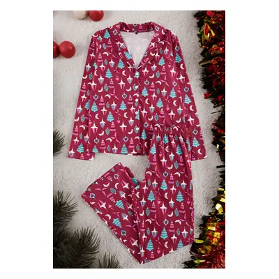 Trendyol Claret Red 100% Cotton Christmas Themed Knitted Pajama Set