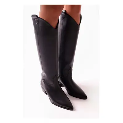 Shoeberry Women's Meot Black Leather Heels Western Rider Boots Black Leather.