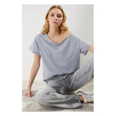 Trendyol Gray Melange Cotton Boyfriend/Wide Cut Boat Neck Knitted T-Shirt