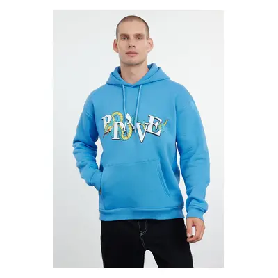 Trendyol Blue Oversize/Wide Cut Hooded Fluffy Printed Fleece/Warm Sweatshirt