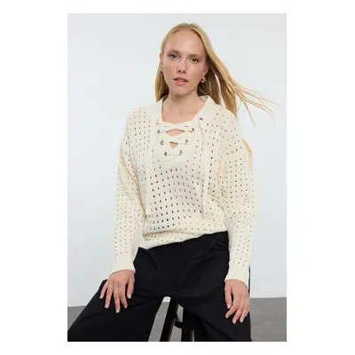 Trendyol Ecru Wide Pattern Lace Detailed Openwork/Perforated Knitwear Sweater