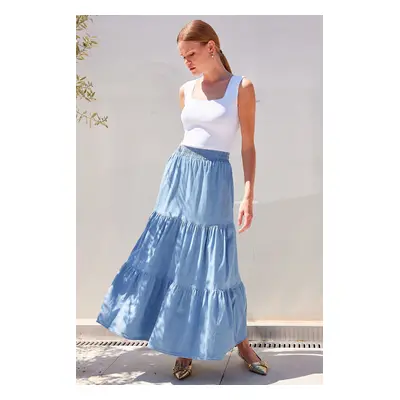 Bigdart Flounce Long Denim Skirt - Blue