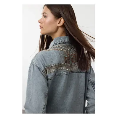 Trendyol Blue Embroidery and Accessory Detailed Oversize Denim Jacket