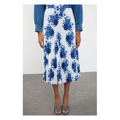 Trendyol Navy Blue Woven Rose Pattern Pleated Skirt