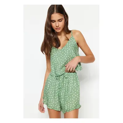 Trendyol Mint Polka Dot Ruffle Detailed Rope Strap Viscose Woven Pajama Set