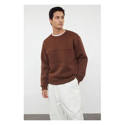 Trendyol Brown Oversize/Wide Cut Text Embroidered Inside Polar Fleece Sweatshirt