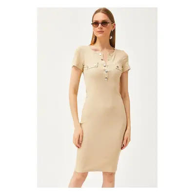 Olalook Women's Beige Metal Fly Accessory Pocket Lycra Mini Cotton Dress