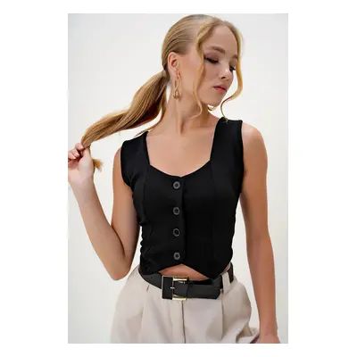 Trend Alaçatı Stili Women's Black Heart Collar Buttoned Crop Vest