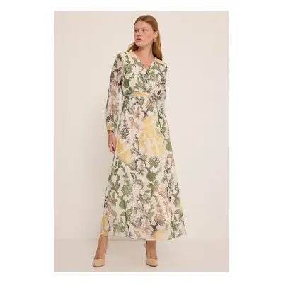 Bigdart Women&#39;s Green Yellow Floral Patterned Chiffon Dress