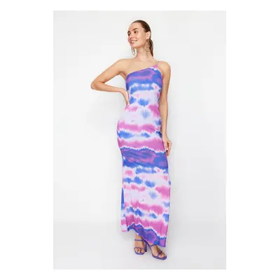 Trendyol Blue-Multicolor Gradient Patterned One-Shoulder Knitted Long Evening Evening Dress