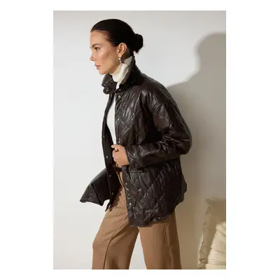 Trendyol Dark Brown Faux Leather Shacket Quilted Jacket Coat