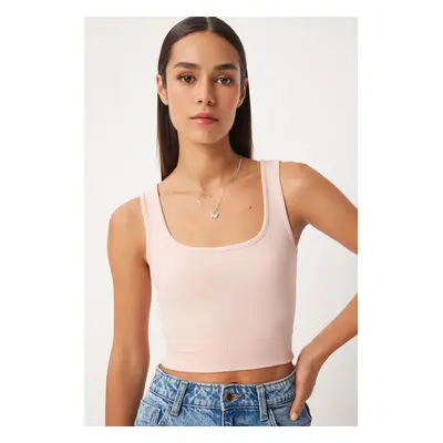 Happiness İstanbul Women's Light Powder Square Collar Barbell Corduroy Crop Top